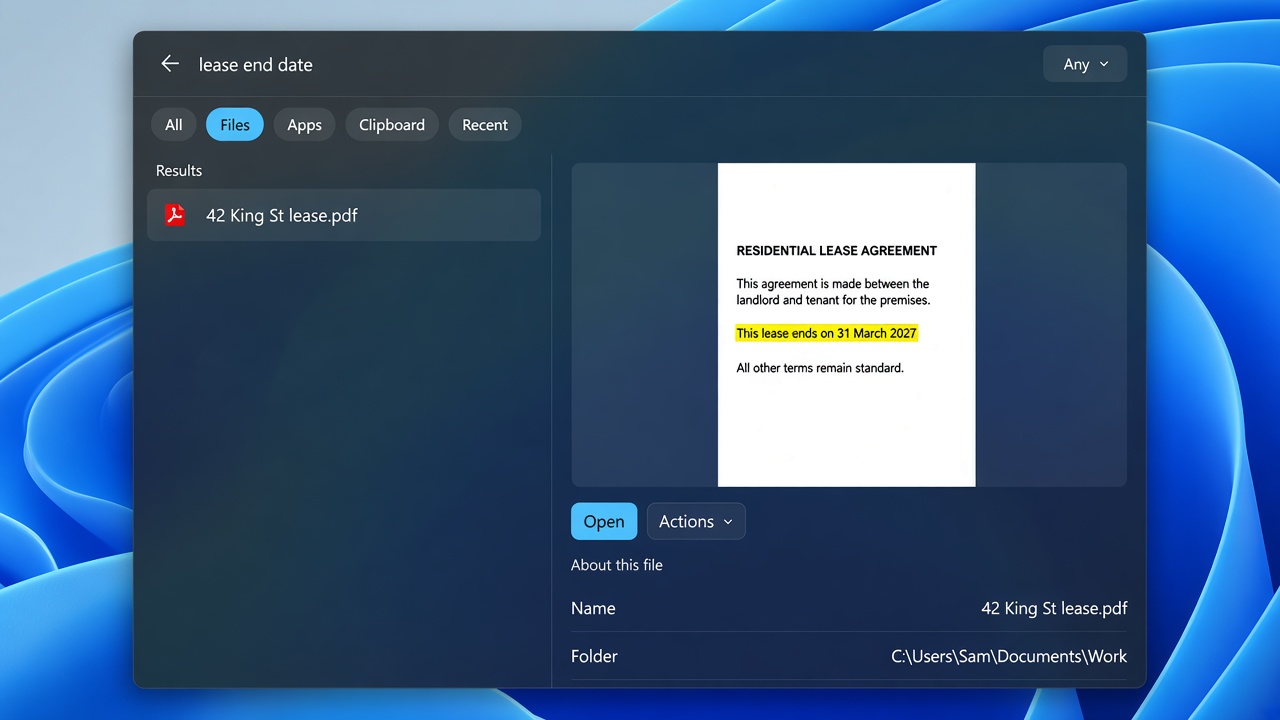 SearchQuik finding a lease PDF from the words lease end date.