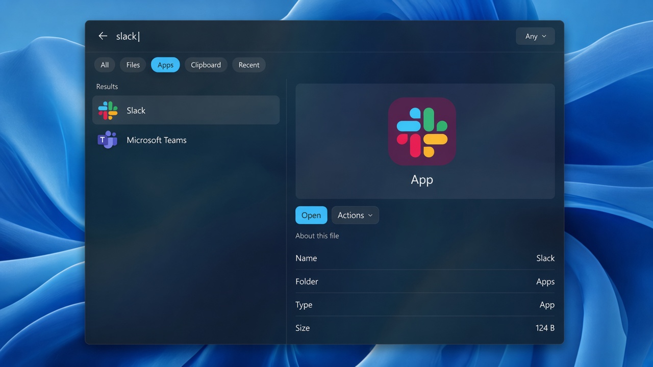 SearchQuik Apps tab showing Slack and Microsoft Teams.
